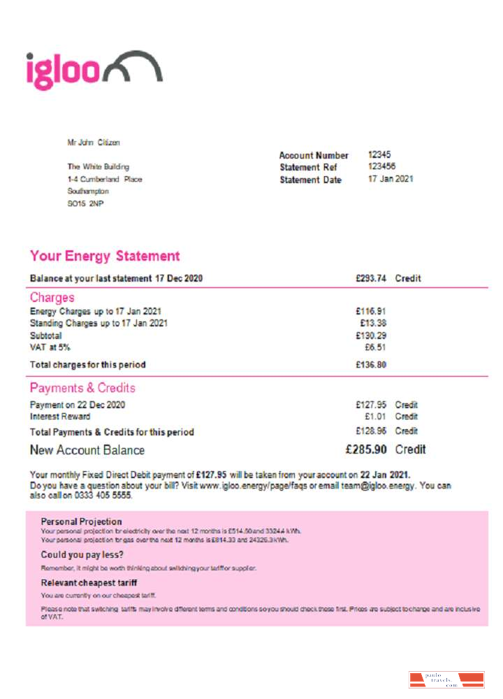United Kingdom Igloo Energy utility bill template in Word and PDF format